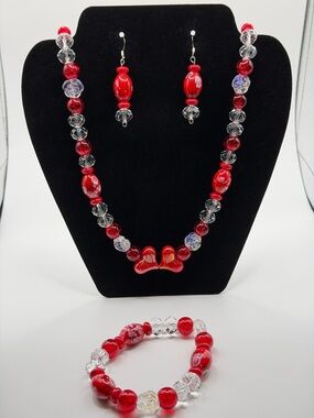 Red Glass Bead Jewelry Set - Necklace, Bracelet & Earrings